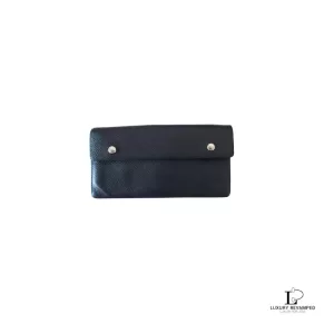 Pre-loved Louis Vuitton Taiga black leather flap-type long wallet, front view – secondhand designer, NZ