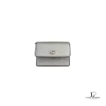 Pre-loved Coach mini crossgrain leather wallet in matte gold with removable chain, front view – secondhand designer, NZ