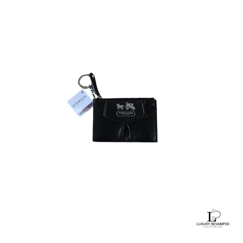 Pre-loved Coach black leather card coin purse with key ring, new with tag, front view – secondhand designer, NZ
