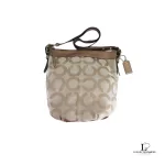 Pre-loved Coach brown and bronze monogram canvas crossbody bag, front view – secondhand designer, NZ