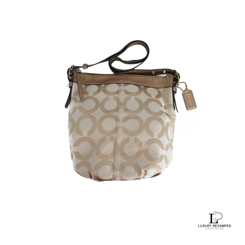 Pre-loved Coach brown and bronze monogram canvas crossbody bag, front view – secondhand designer, NZ