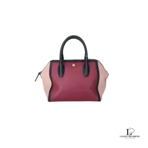 Pre-loved Furla tricolour black, maroon and peach leather handbag, front view – secondhand designer, NZ