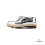 Prada silver metallic patent leather wingtip platform brogues, size 37, made in Italy, view 7