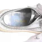 Prada silver metallic patent leather wingtip platform brogues, size 37, made in Italy, view 17