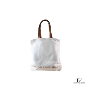 Pre-loved Louis Vuitton Fondation Museum Paris exclusive limited white and brown canvas tote bag, front view – secondhand designer, NZ