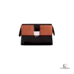 Pre-loved Balenciaga tri-colour black, cream and tan leather clutch bag organiser, front view – secondhand designer, NZ