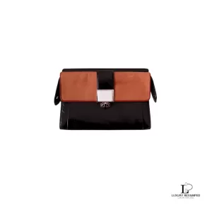Pre-loved Balenciaga tri-colour black, cream and tan leather clutch bag organiser, front view – secondhand designer, NZ
