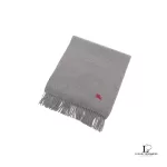 Pre-loved Burberrys grey 100% cashmere scarf with embroidered red logo, front view – secondhand designer, NZ