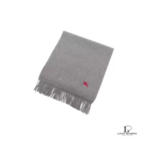 Pre-loved Burberrys grey 100% cashmere scarf with embroidered red logo, front view – secondhand designer, NZ