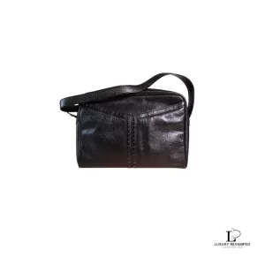 Pre-loved vintage Yves Saint Laurent black leather shoulder bag with Y pocket, front view – secondhand designer, NZ