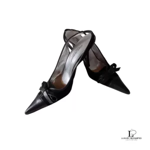 Pre-loved Dolce & Gabbana black leather pointed-toe slingback heels, size 37.5, front view – secondhand designer, NZ