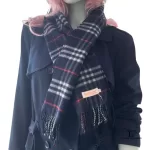 Pre-loved Burberrys of London dark blue Nova Check 100% cashmere scarf, made in England, front view – secondhand designer, NZ