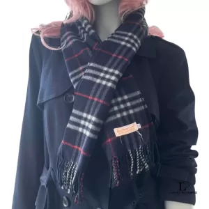 Pre-loved Burberrys of London dark blue Nova Check 100% cashmere scarf, made in England, front view – secondhand designer, NZ