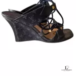 Louis Vuitton Monogram denim dark blue strappy wedge sandals, size 37, made in Italy, view 4