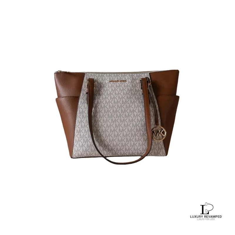 Pre-loved Michael Kors Jet Set white and brown signature logo tote bag, front view – secondhand designer, NZ