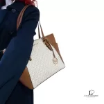 Michael Kors Jet Set white and brown signature logo tote bag, view 19
