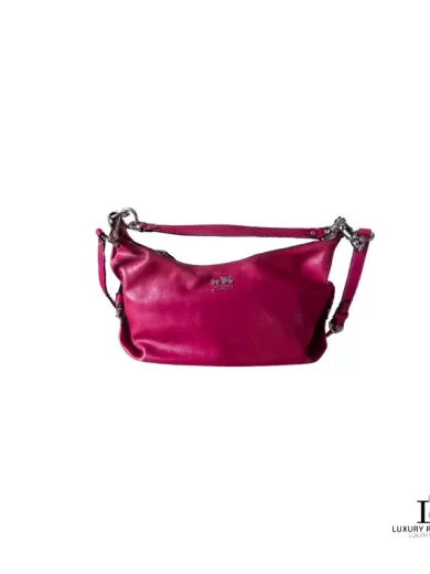 Pre-loved Coach fuchsia pink leather two-way hobo bag with removable strap, front view – secondhand designer, NZ