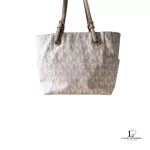 Michael Kors signature logo white and beige large East-West tote bag, view 3