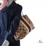 Coach beige and brown signature logo large tote bag with heritage stripes, view 23