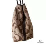 Coach beige and brown signature logo large tote bag with heritage stripes, view 4