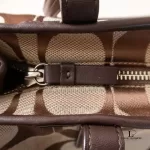 Coach beige and brown signature logo large tote bag with heritage stripes, view 16