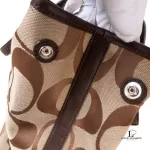 Coach beige and brown signature logo large tote bag with heritage stripes, view 10