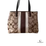 Coach beige and brown signature logo large tote bag with heritage stripes, view 2