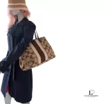 Coach beige and brown signature logo large tote bag with heritage stripes, view 22