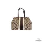 Pre-loved Coach beige and brown signature logo large tote bag with heritage stripes, front view – secondhand designer, NZ
