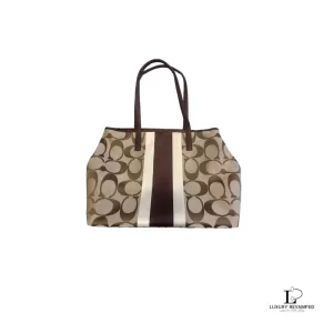 Pre-loved Coach beige and brown signature logo large tote bag with heritage stripes, front view – secondhand designer, NZ