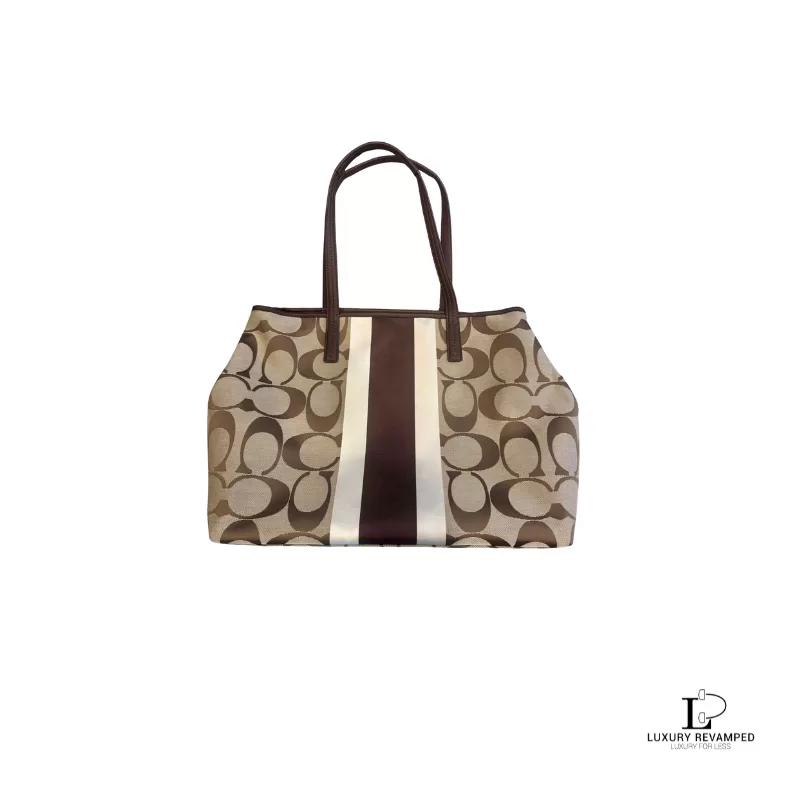 Pre-loved Coach beige and brown signature logo large tote bag with heritage stripes, front view – secondhand designer, NZ