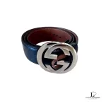 Pre-loved Gucci Guccissima interlocking GG black leather belt with silver-tone buckle, size 100, front view – secondhand designer, NZ