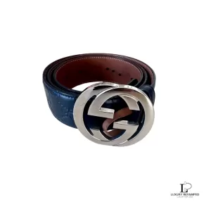 Pre-loved Gucci Guccissima interlocking GG black leather belt with silver-tone buckle, size 100, front view – secondhand designer, NZ