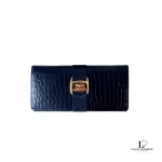 Pre-loved Salvatore Ferragamo Vara black moc-croc leather long wallet, model BK 3059, front view – secondhand designer, NZ