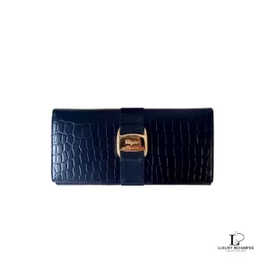 Pre-loved Salvatore Ferragamo Vara black moc-croc leather long wallet, model BK 3059, front view – secondhand designer, NZ