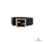 Pre-loved Fendi FF black leather belt with silver-tone buckle, made in Italy, front view – secondhand designer, NZ