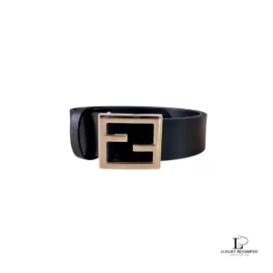 Pre-loved Fendi FF black leather belt with silver-tone buckle, made in Italy, front view – secondhand designer, NZ