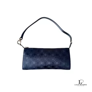 Pre-loved Salvatore Ferragamo Gancini pattern black canvas and leather pochette shoulder bag, front view – secondhand designer, NZ