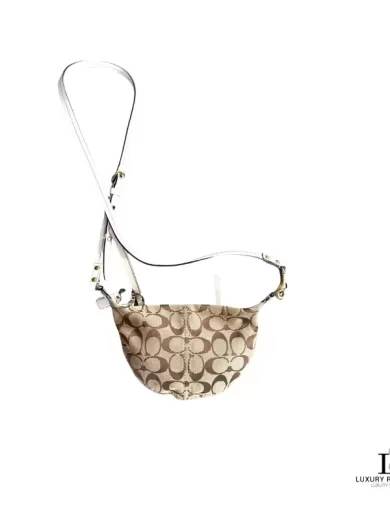 Pre-loved Coach beige and brown signature monogram half moon crossbody or belt bag, front view – secondhand designer, NZ