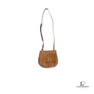 Pre-loved vintage Burberry taupe leather saddle-style crossbody bag, front view – secondhand designer, NZ