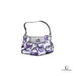 Pre-loved Coach Poppy purple, silver and grey signature print mini shoulder bag, front view – secondhand designer, NZ