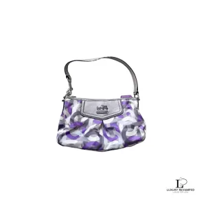 Pre-loved Coach Poppy purple, silver and grey signature print mini shoulder bag, front view – secondhand designer, NZ