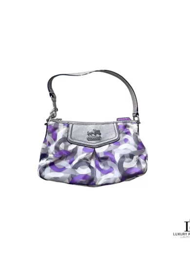 Pre-loved Coach Poppy purple, silver and grey signature print mini shoulder bag, front view – secondhand designer, NZ