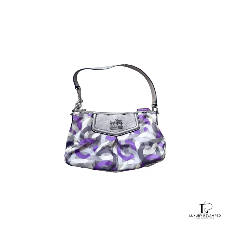 Pre-loved Coach Poppy purple, silver and grey signature print mini shoulder bag, front view – secondhand designer, NZ