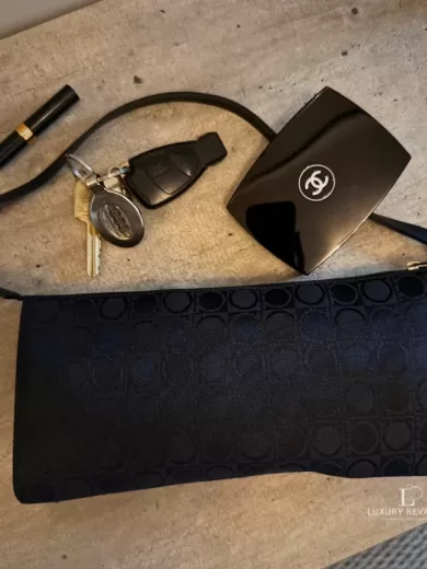 Salvatore Ferragamo Gancini pattern black canvas and leather pochette shoulder bag