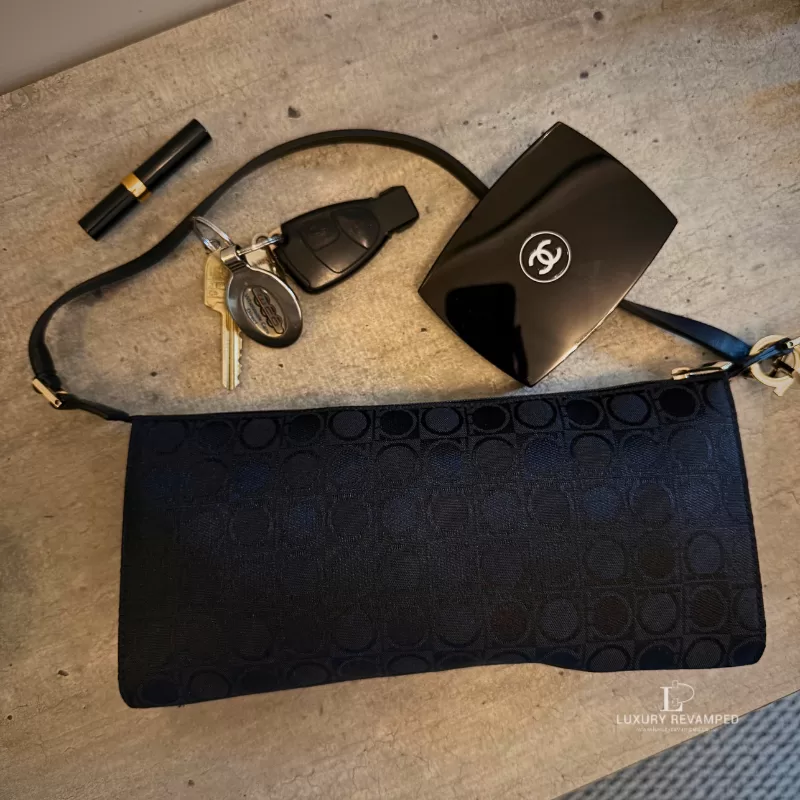 Salvatore Ferragamo Gancini pattern black canvas and leather pochette shoulder bag