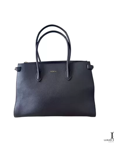 Pre-loved Furla black grain leather large career handbag, front view – secondhand designer, NZ