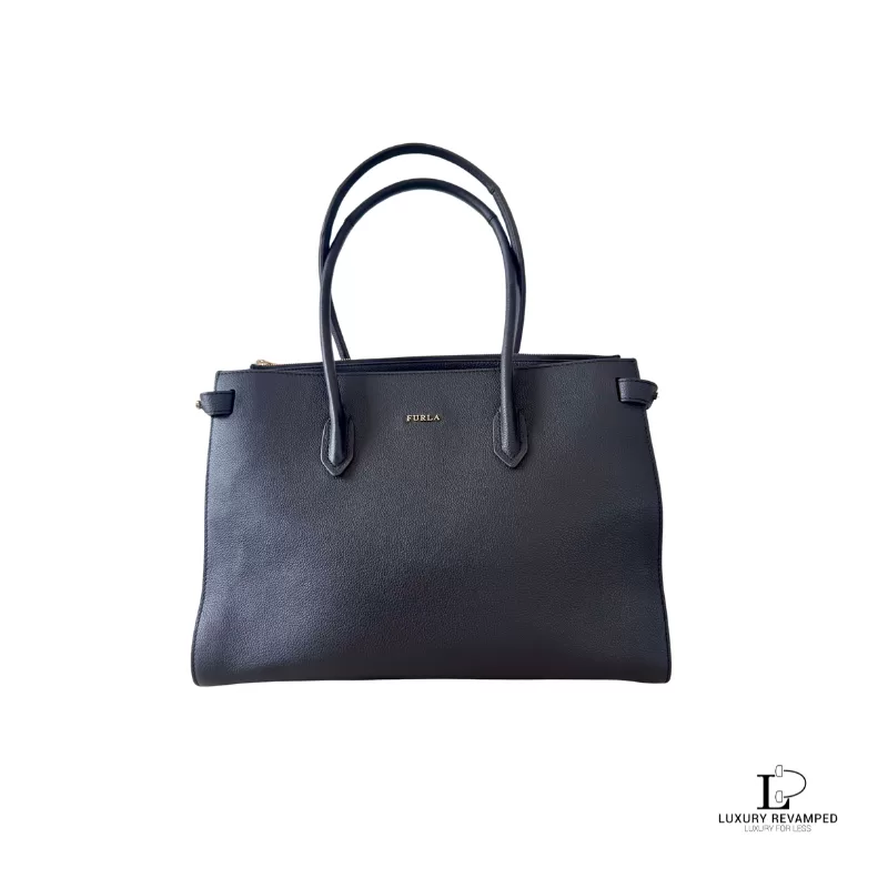 Pre-loved Furla black grain leather large career handbag, front view – secondhand designer, NZ