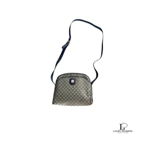 Pre-loved vintage Celine Macadam dark blue and grey canvas crossbody bag, front view – secondhand designer, NZ