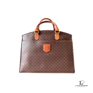 Pre-loved vintage Celine Macadam monogram brown structured handbag, front view – secondhand designer, NZ